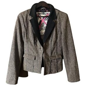 St-Martins Womens Brown Tweed ‘No Owls!’ One-Button Lined Blazer Embroidery Sz S